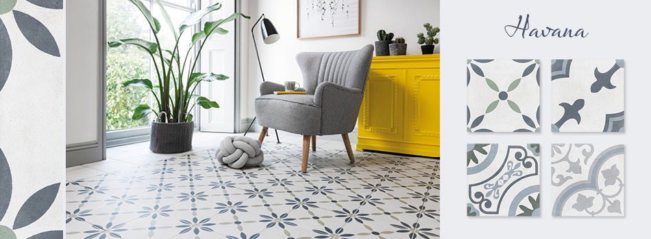 Havana patterned floor tiles in a living room setting.